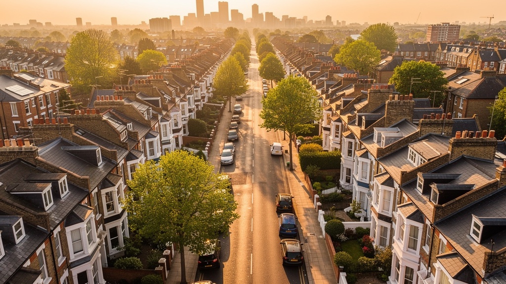 Aerial view of Acton and West London residential streets, showing Victorian terraced housing