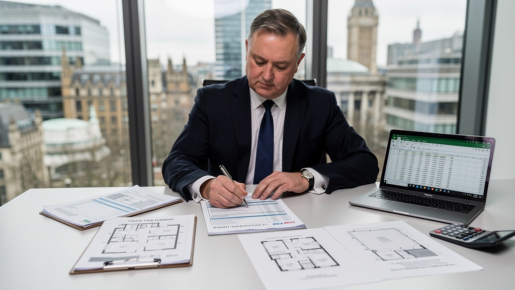RICS surveyor writing a property valuation report at a desk with property documents